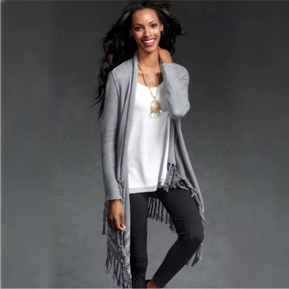 Cabi Prairie Wrap Open Front Waterfall Long Cardigan M Gray Fringe Western Drape - Picture 5 of 14